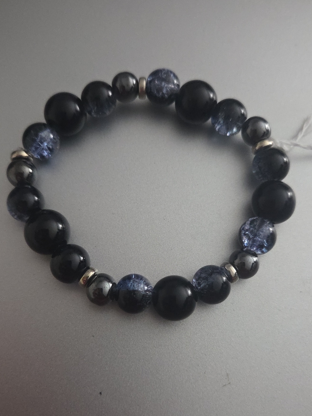 Black and Dark Blue Beaded Stretch Bracelet